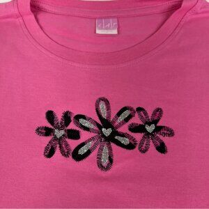 NEW Sz X-LARGE 23.5" P2P Pink Black Silver Flowers Embroidered Short Sleeve Top